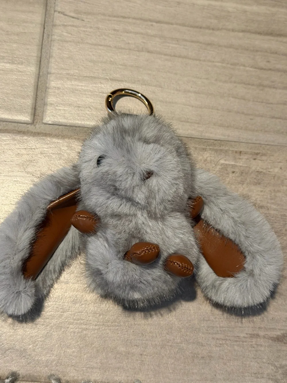 Plush Bunny Keychain - Gray Faux Fur with Brown Accents